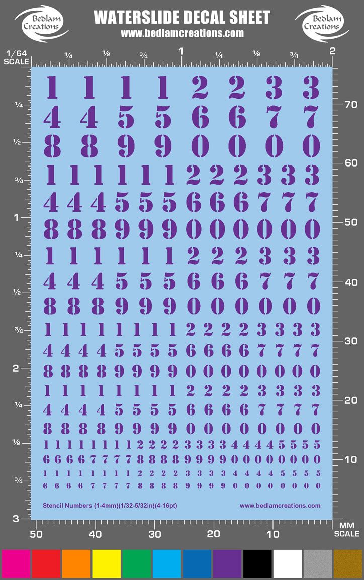 9 Other Colors Waterslide Decals Stencil Silver Numbers 2"x3" Decal Sheet