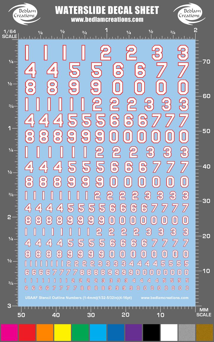 9 Other Colors Waterslide Decals Stencil Gold Numbers 2"x3" Decal Sheet 