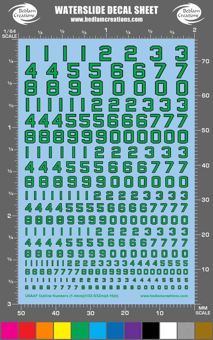 Waterslide Decals USAAF Gold Numbers 2"x3" Decal Sheet 9 Other Colors 