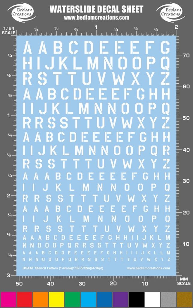 Bedlam Creations USAAF Stencil Waterslide Decals – White Letters, 2x3 Sheet, 10 Colors